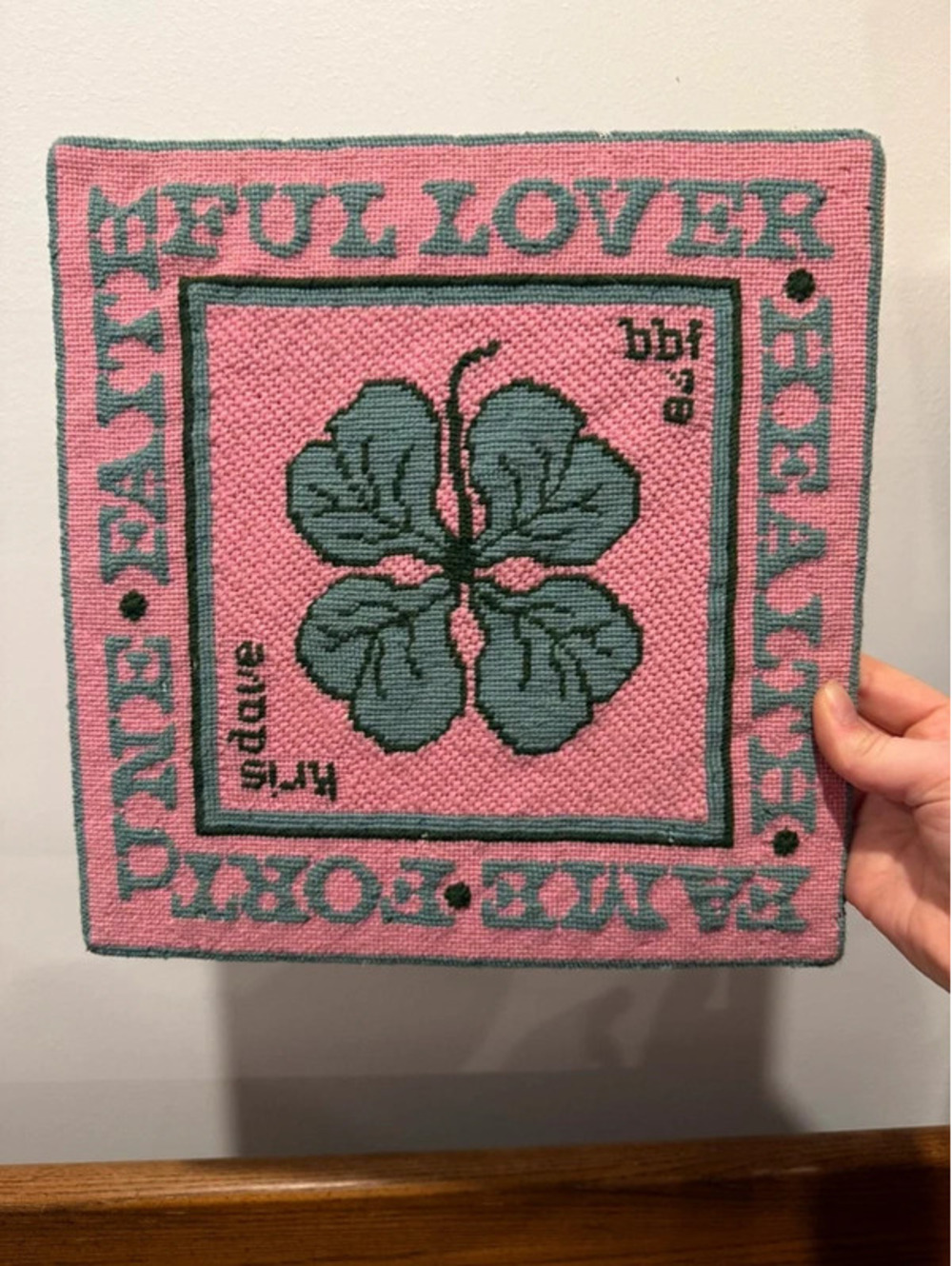 Vintage 1978 Needlepoint Four Leaf Clover “Full Lover” Folk Art Wall Hanging